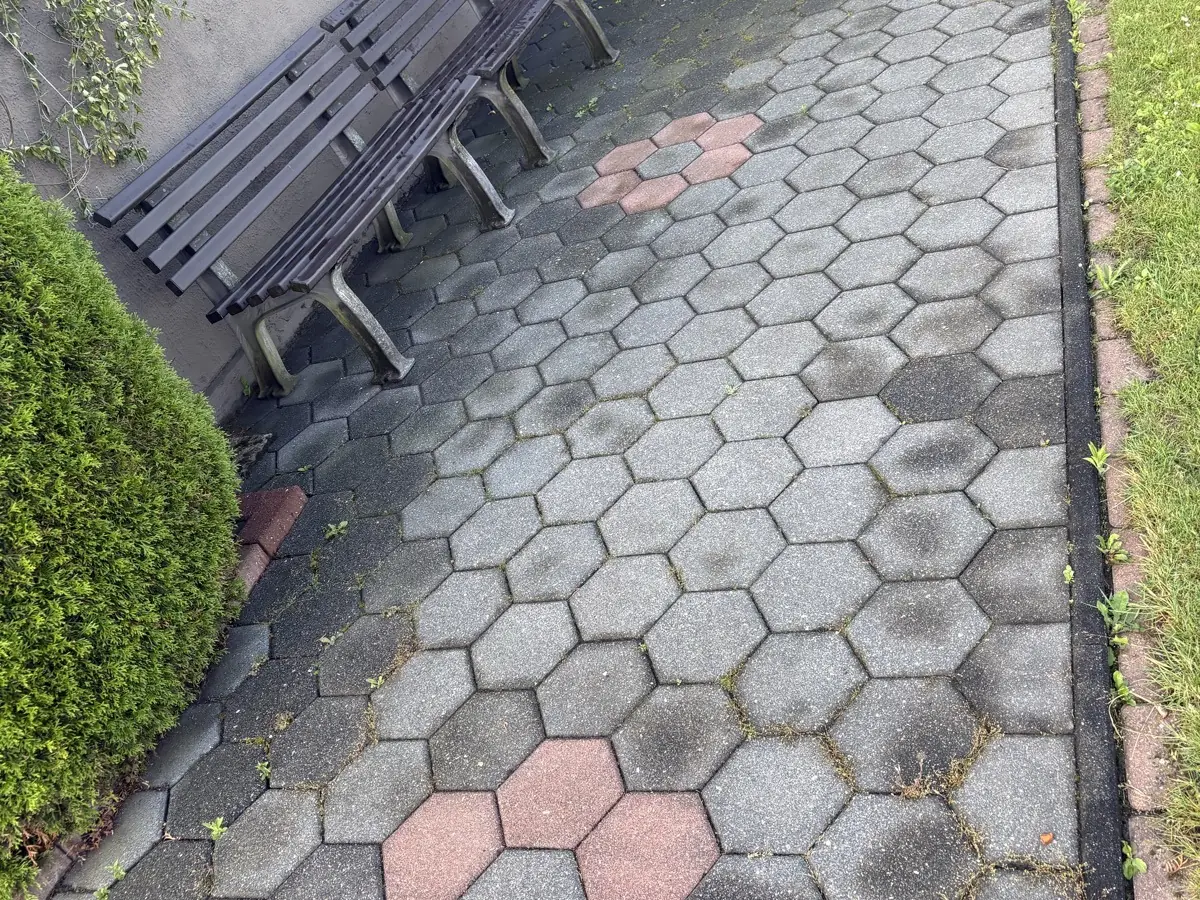 Sechseckpflaster am Sitzplatz vor der Reinigung – Grünbelag und dunkle Verschmutzung