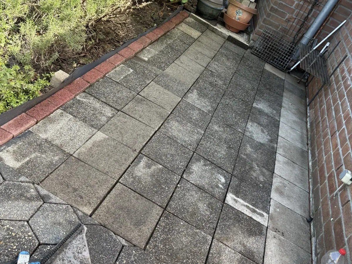 Gehwegplatten in der Hofecke vor der Reinigung – fleckig und vermoost